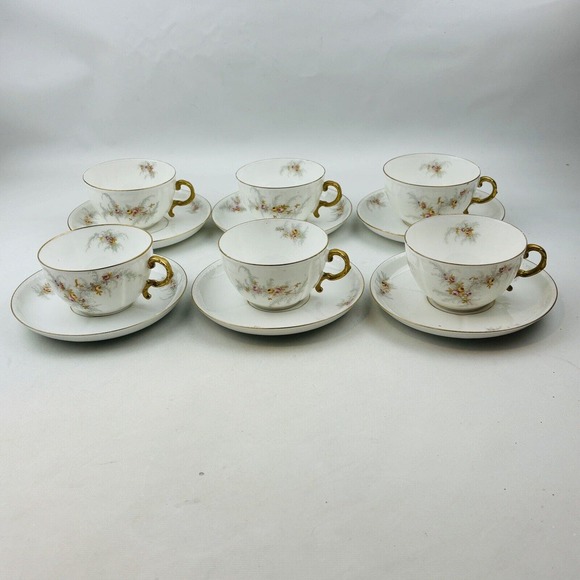 Limoges Elite 6 Cup & Saucer Set Lot Pink Yellow Floral Spray Gold Rim J.Mc.D&S - Picture 1 of 14